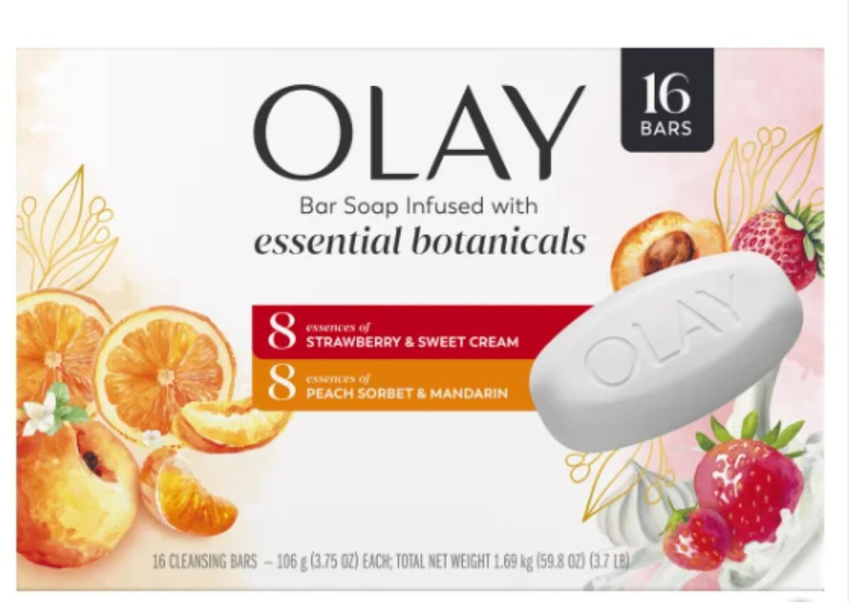 Olay front packaging showing 16-pack and scent variety for convenience