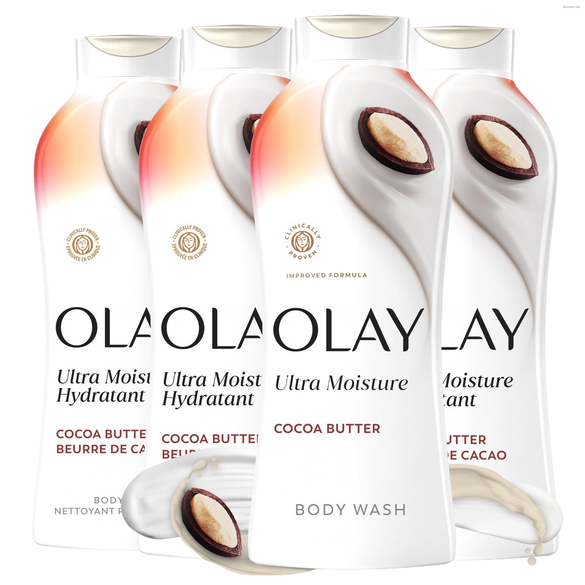 Olay bottle front view showing pack of four and hydration benefits