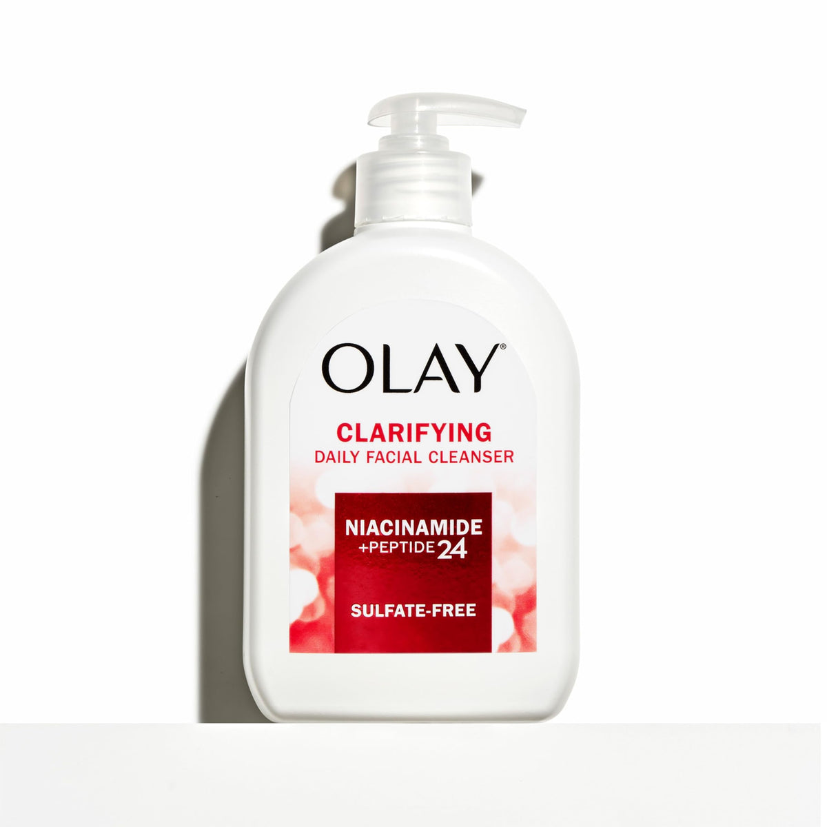 Olay bottle label detail highlighting clean formula and benefit callouts