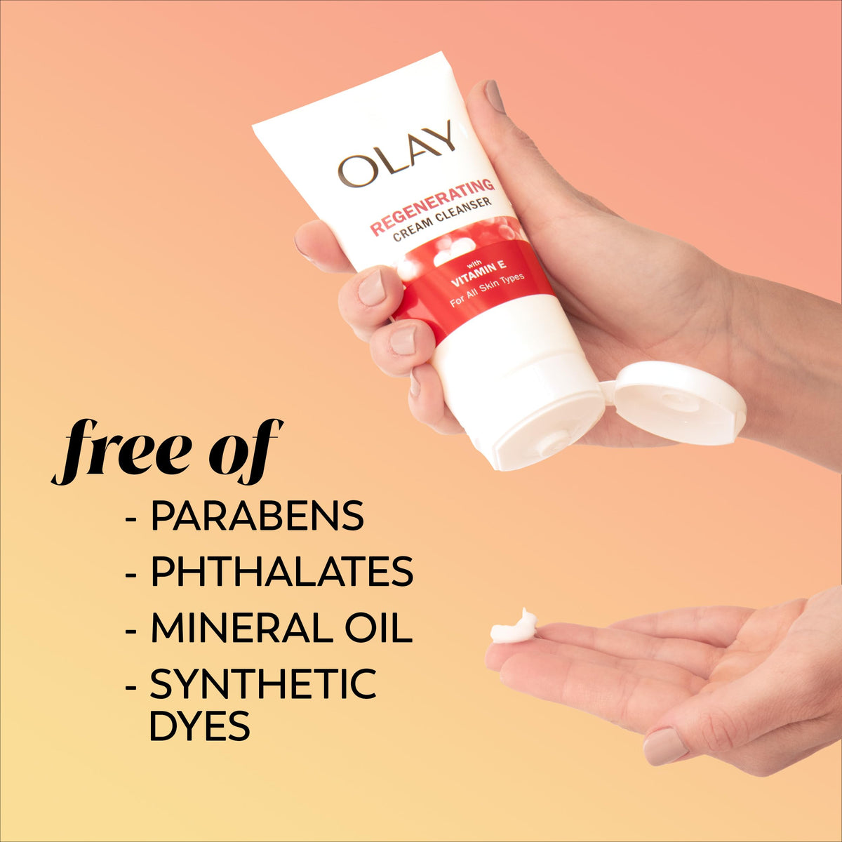 Olay bottle size next to hand for scale and portion clarity