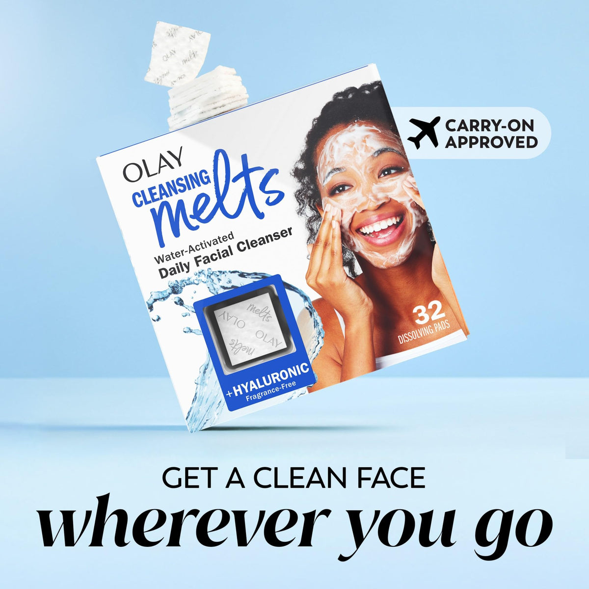 Olay melting pad applied to face showing effective oil and SPF removal
