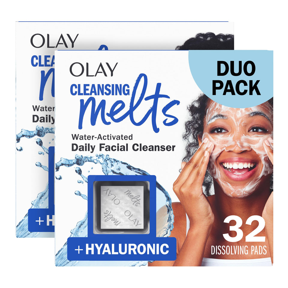 Olay packaging front view shows travel friendly cleansing melts