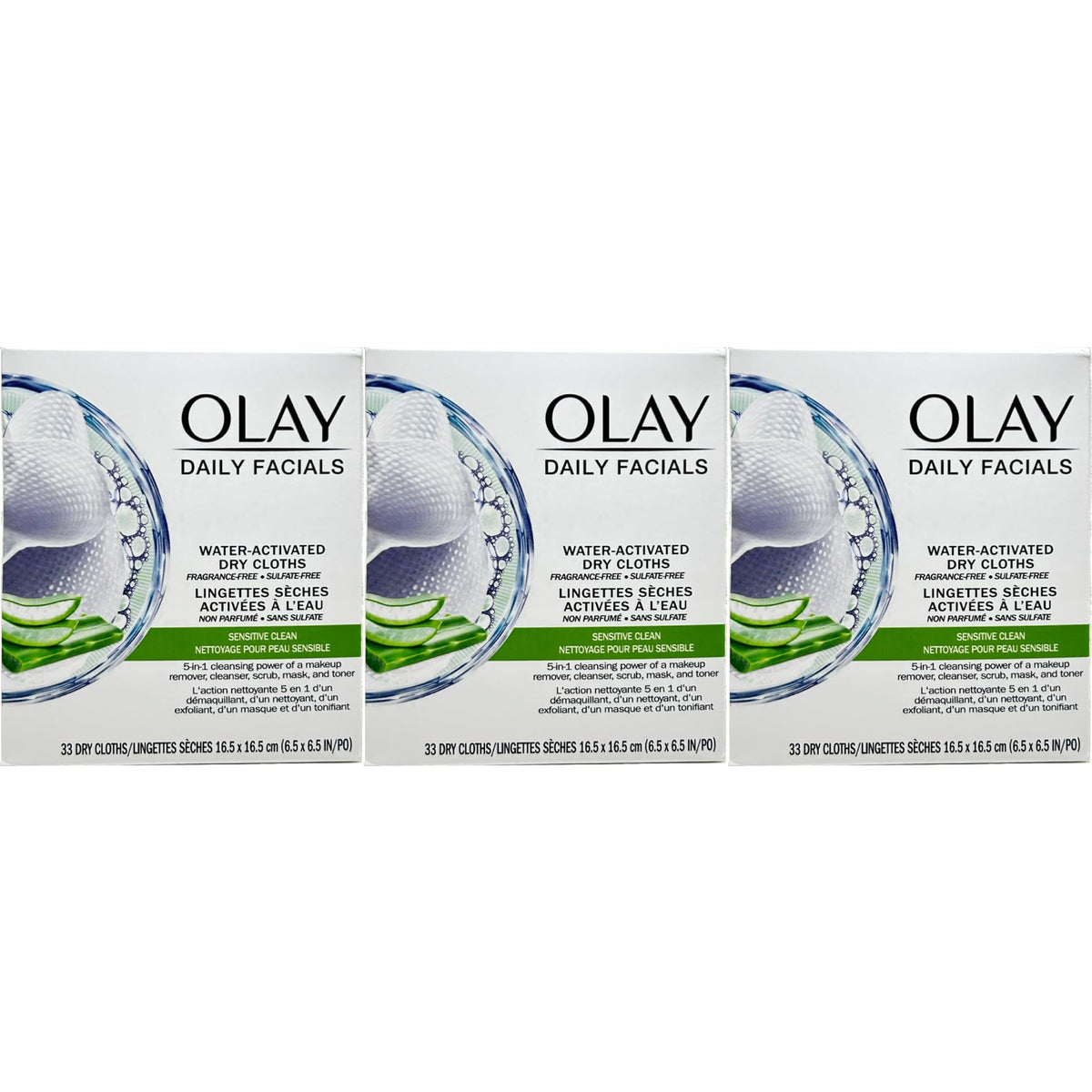 Olay front packaging showing dry cloth pouch and easy-open lid for convenience