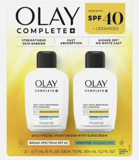 Olay Complete front packaging showing two bottles and SPF 40 protection benefit