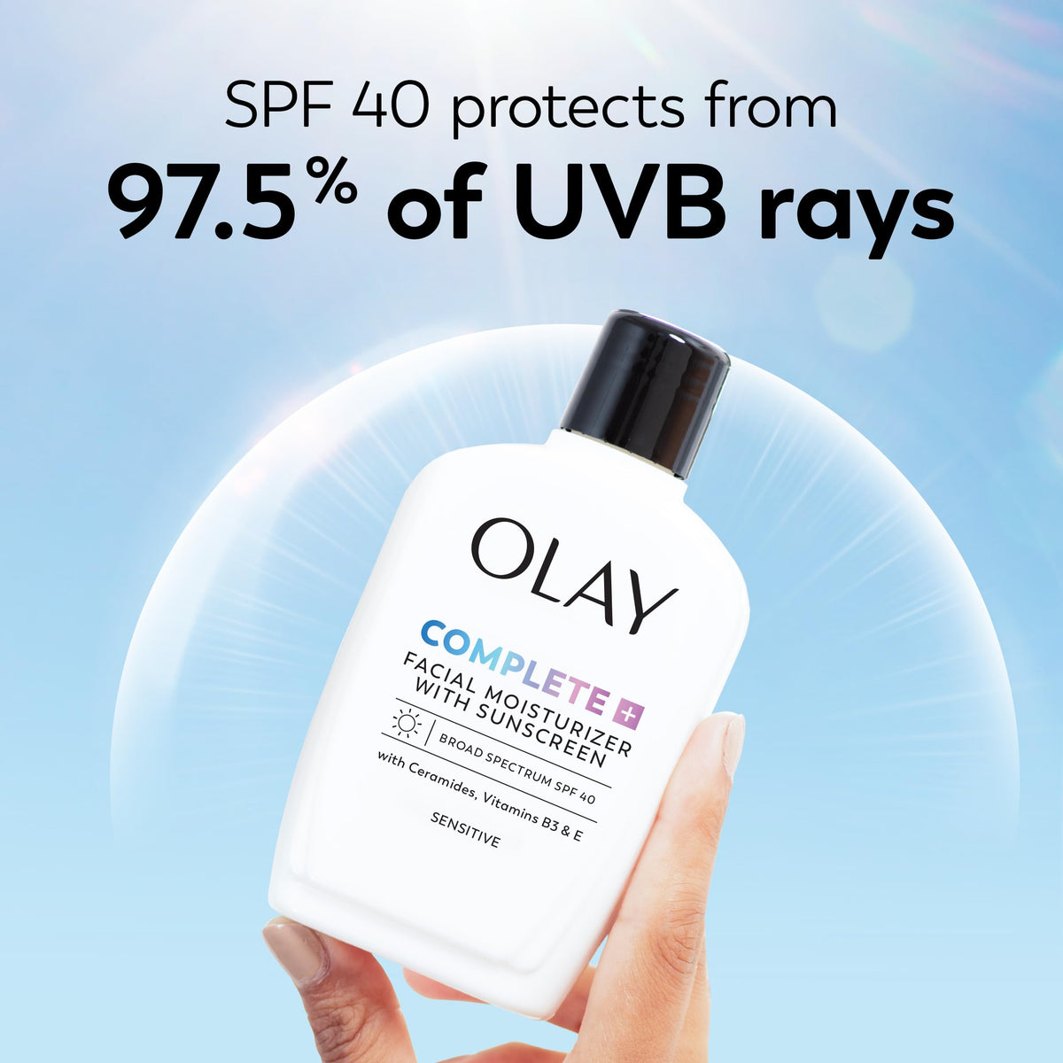 Olay recyclable bottle label showing eco-friendly packaging benefit