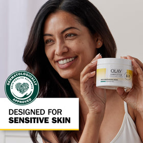 Olay ingredient label featuring niacinamide, vitamin E, and ceramides