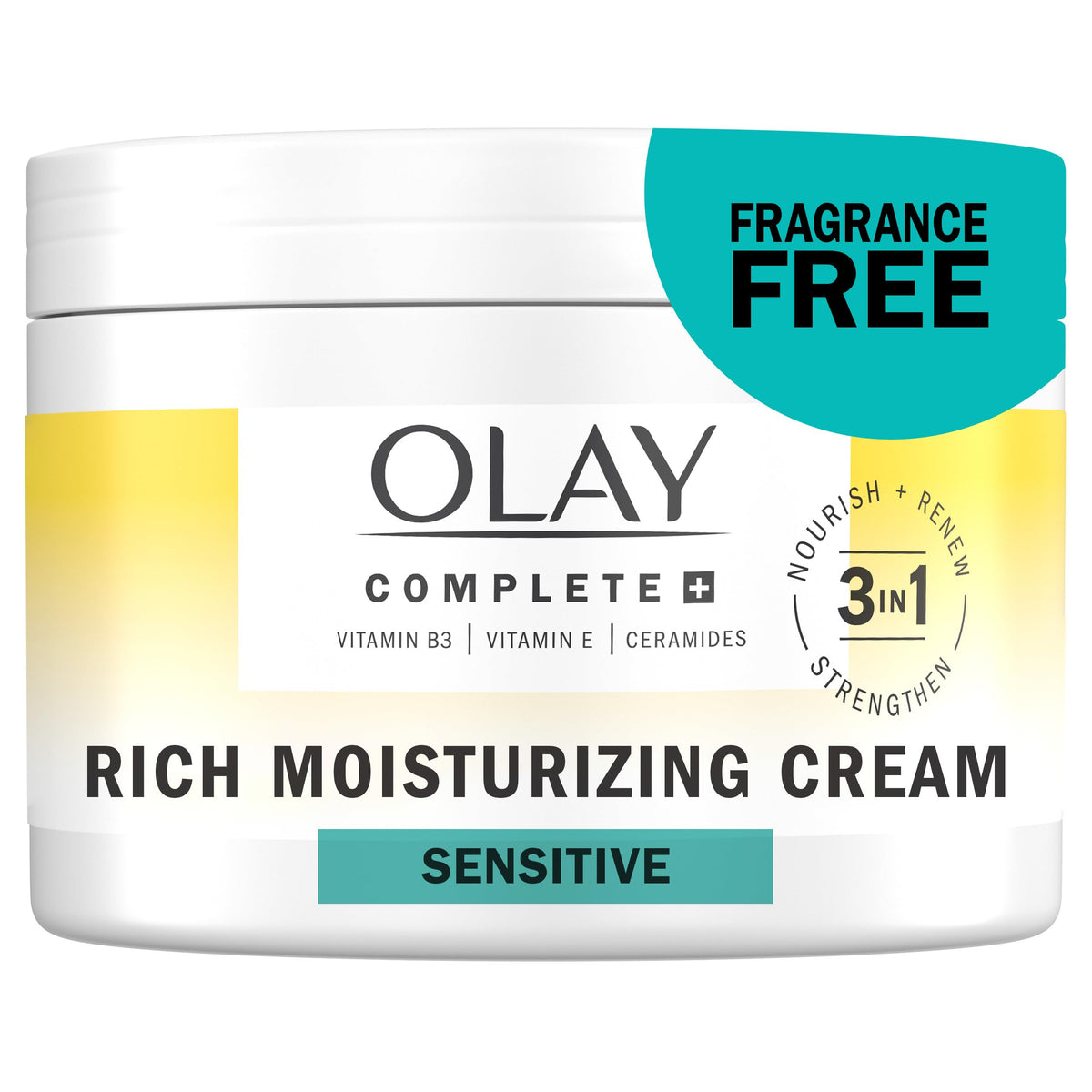 Olay jar front view showing product label and clear benefits