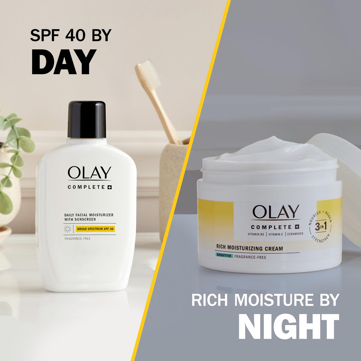 Olay jar on bathroom counter in lifestyle setting for daily use