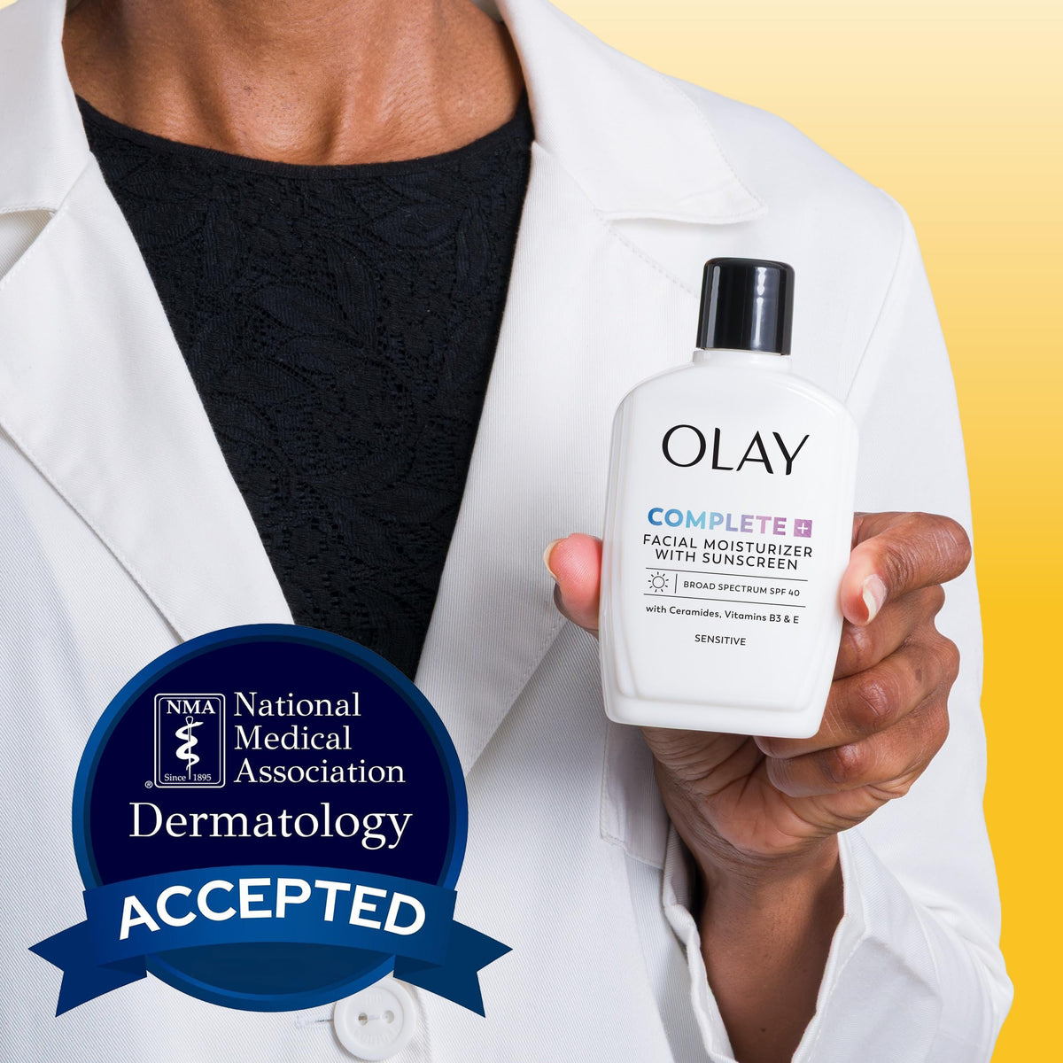 Olay next to a ruler showing 6 oz size and travel convenience benefit