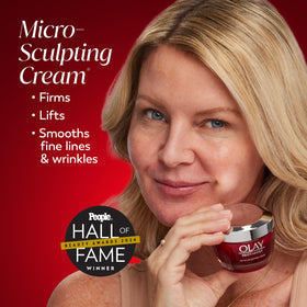Olay cream open jar texture showing rich moisturizing cream for plumper skin