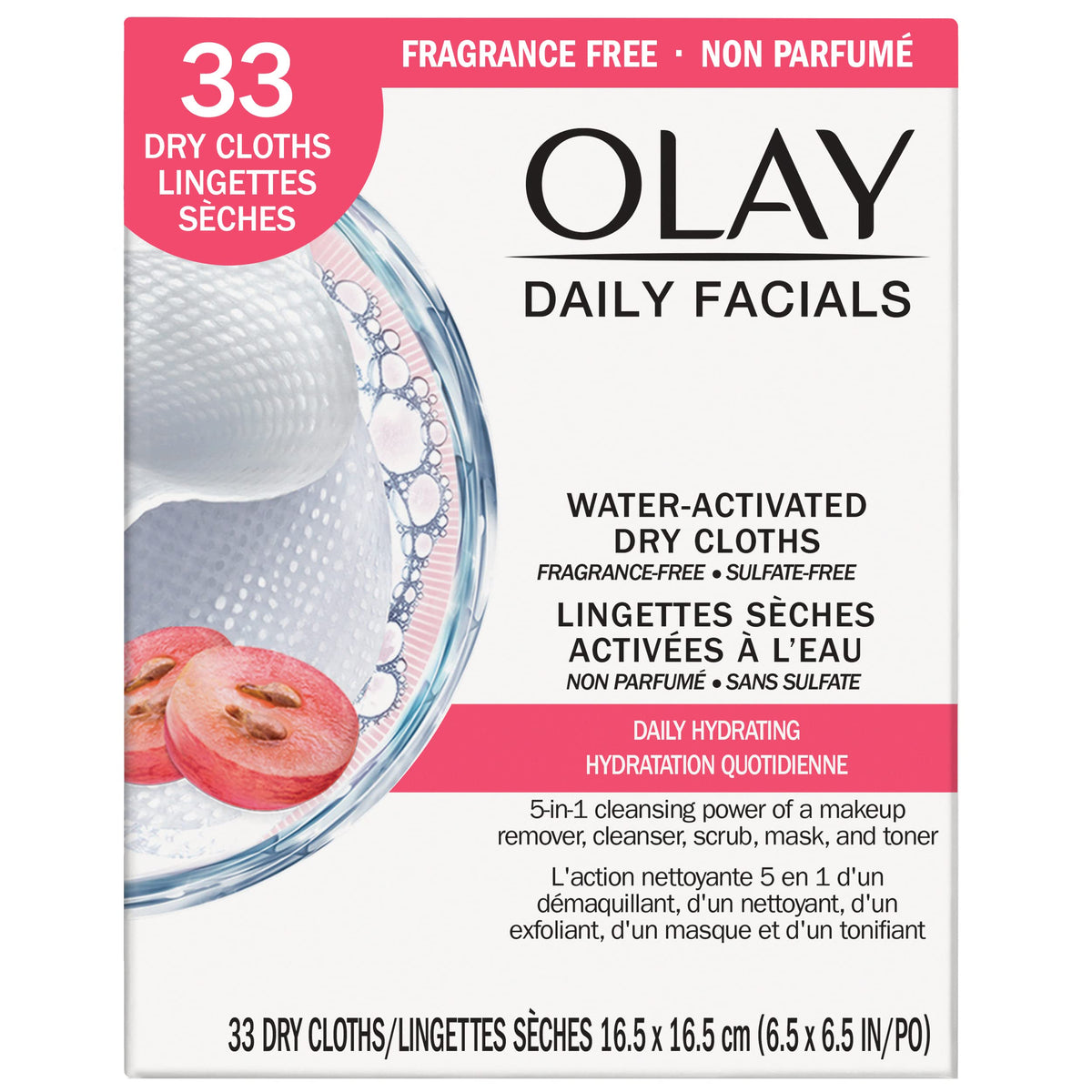 Olay refill pack front view showing brand and count, convenient quick-clean benefit