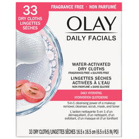 Olay refill pack front view showing brand and count, convenient quick-clean benefit