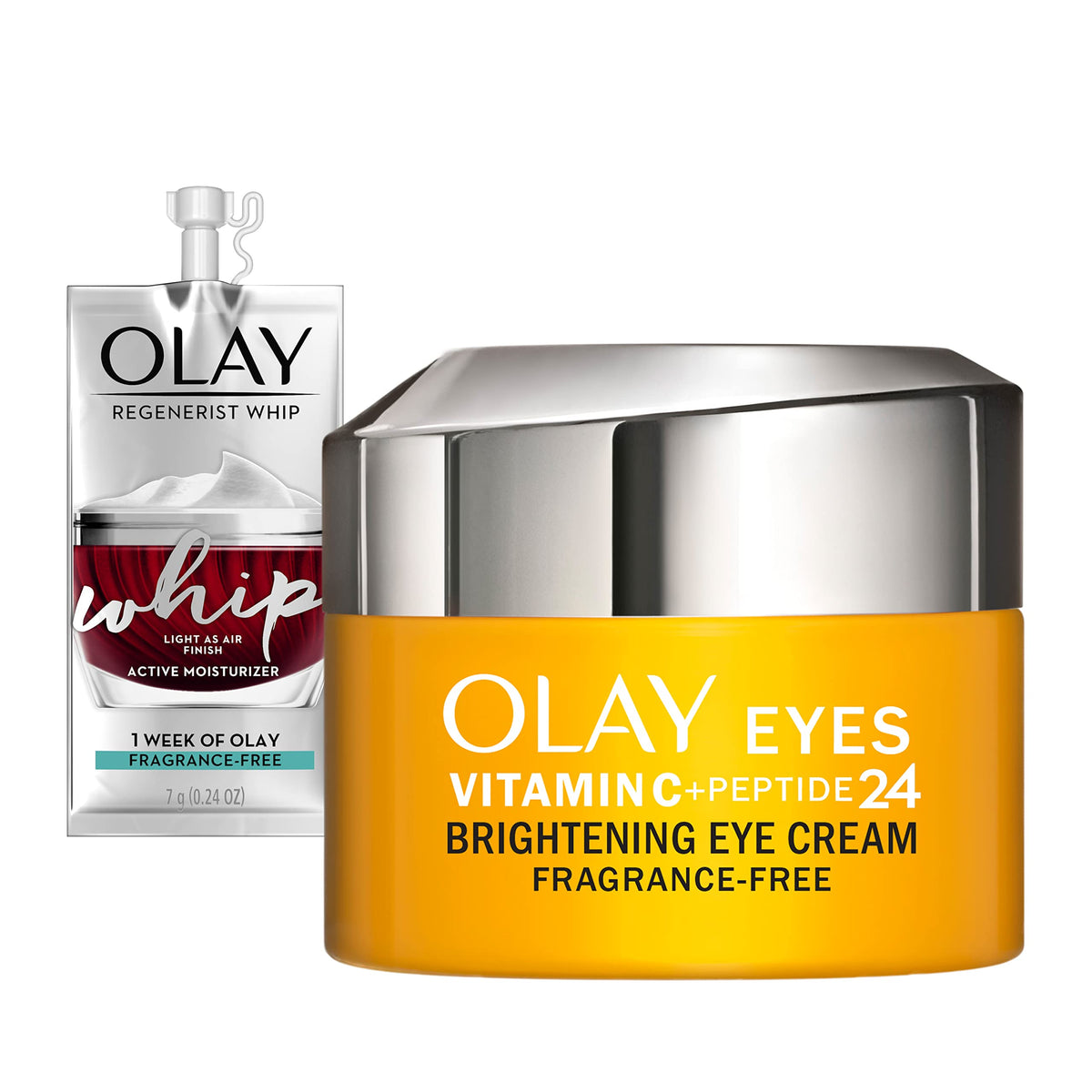 Olay eye cream front packaging showing compact travel-friendly jar and benefits