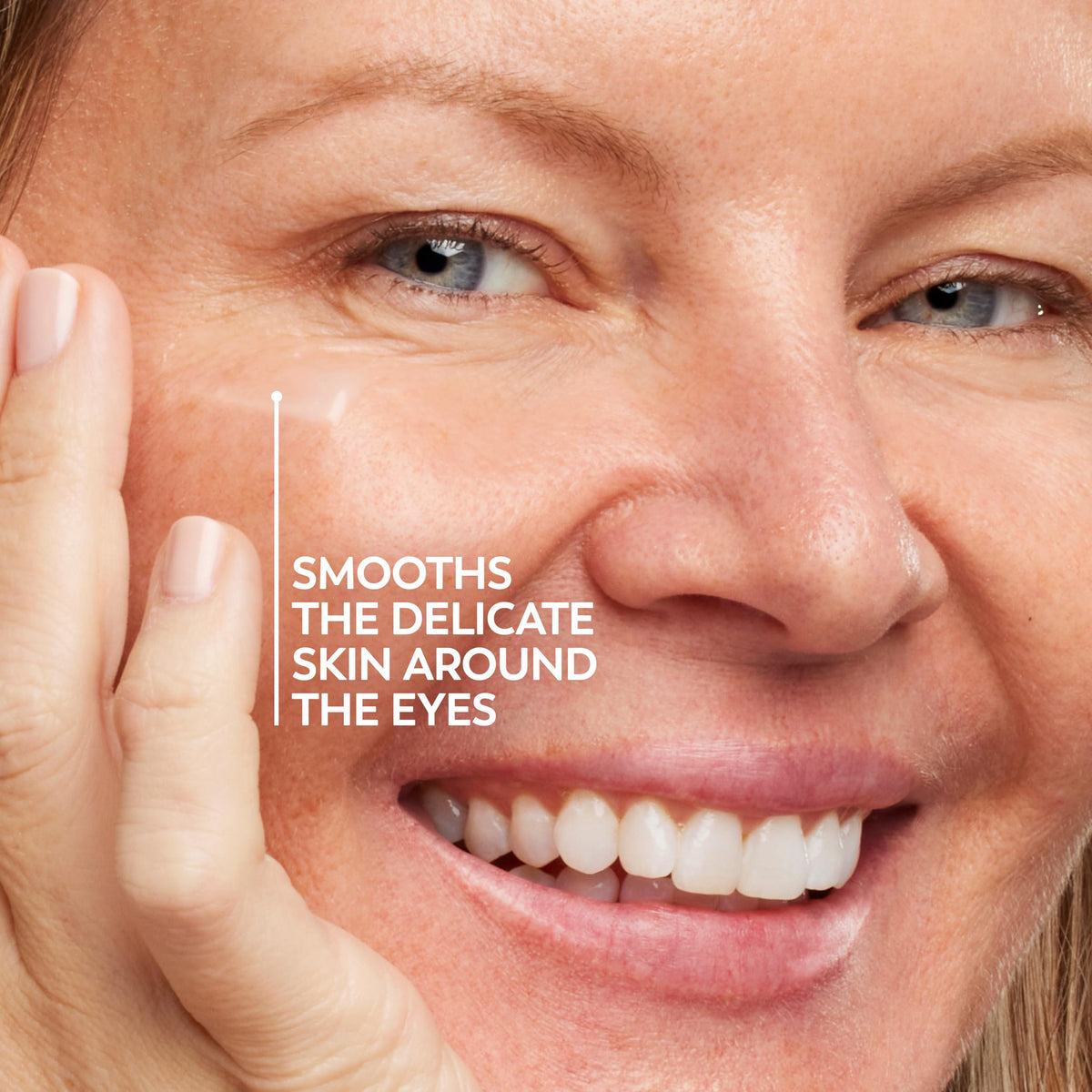 Olay being applied under eye illustrating smooth application and reduced dryness