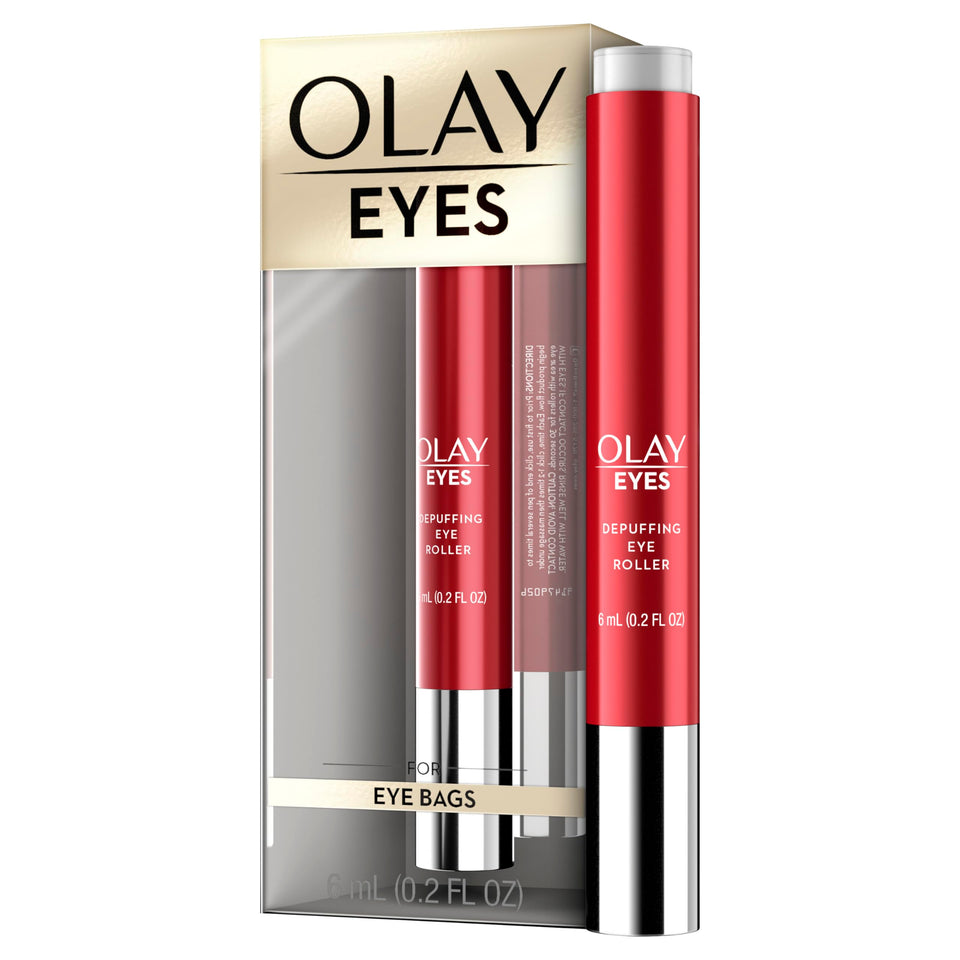 Olay eye roller front packaging showing product and brand benefit of instant refresh