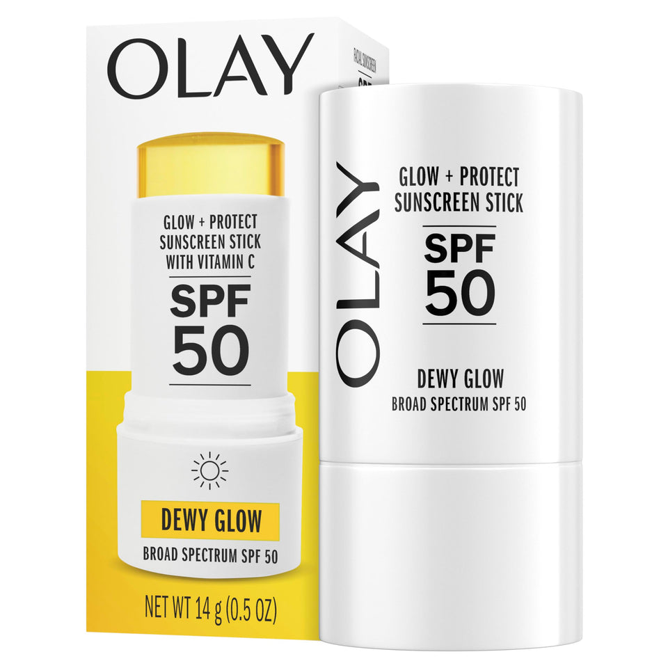 Olay sunscreen stick front packaging showing SPF 50 protection benefits
