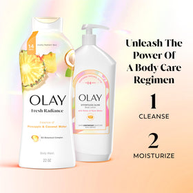 Olay bottle on bathroom shelf in lifestyle scene conveying daily ritual and pleasant scent