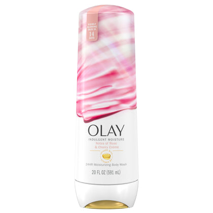 Olay front bottle showing rose and cherry crème scent and easy-pour benefit