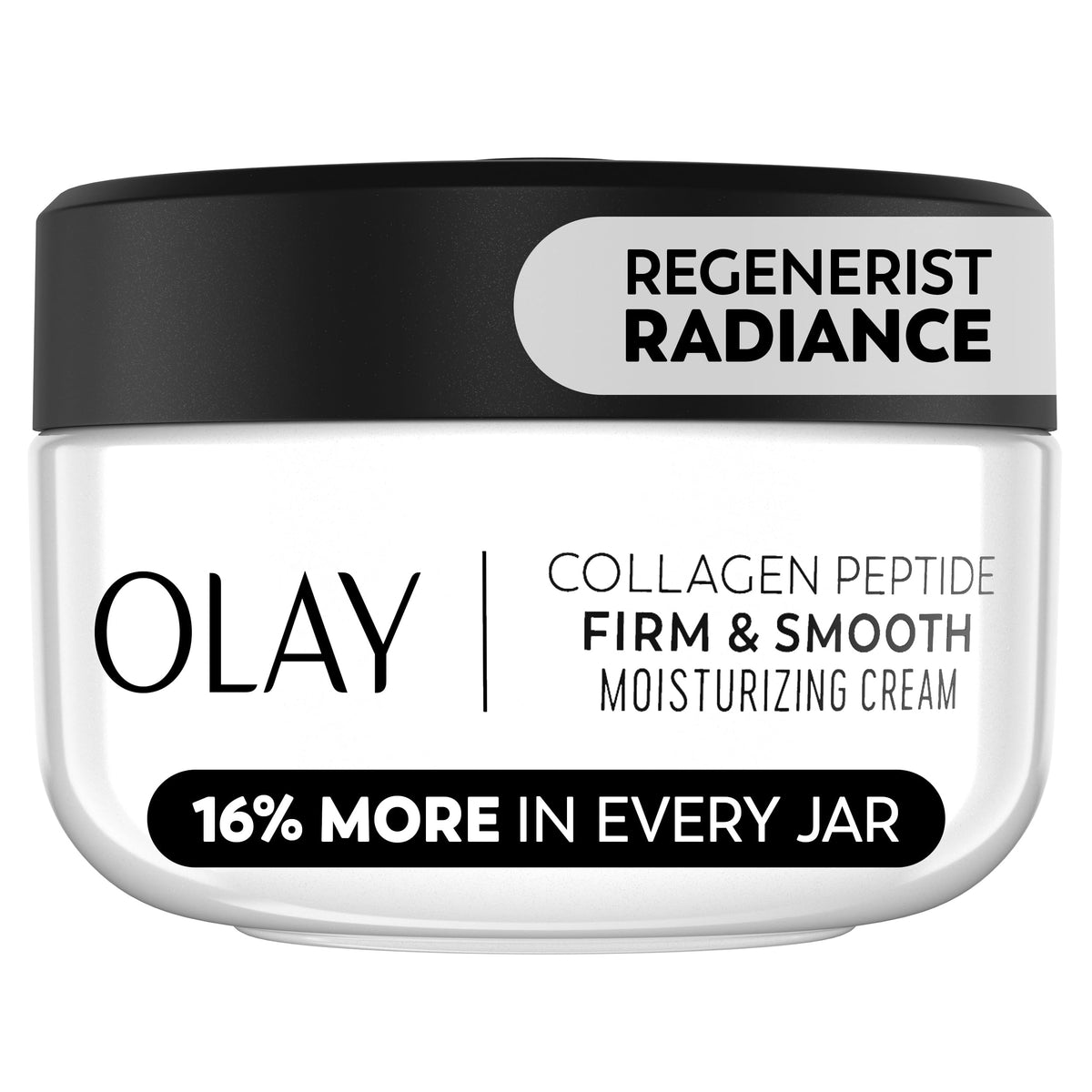 Olay front jar showing radiance collagen peptide moisturizer for visible firmness