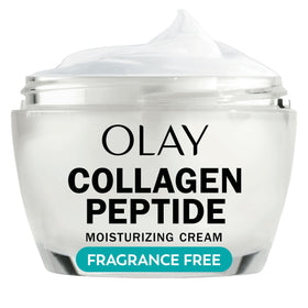 Olay front jar showing Regenerist collagen peptide for visible firmness