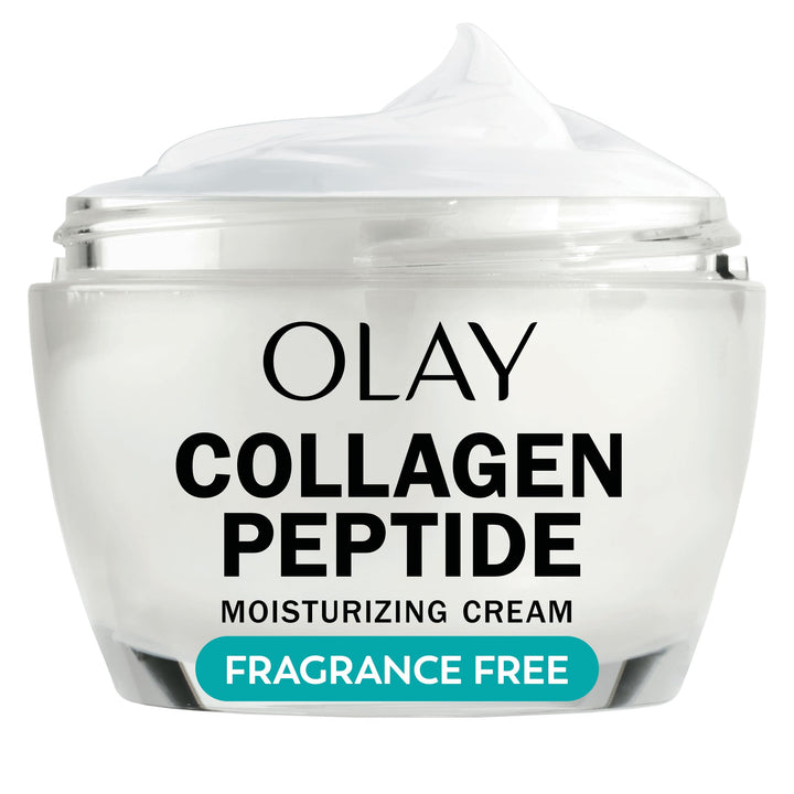 Olay front jar showing Regenerist collagen peptide for visible firmness