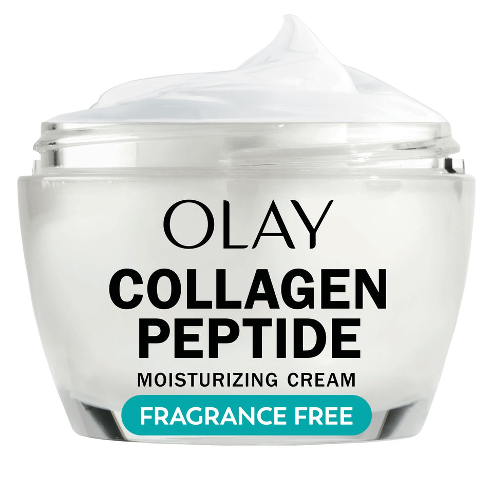Olay front jar showing Regenerist collagen peptide for visible firmness