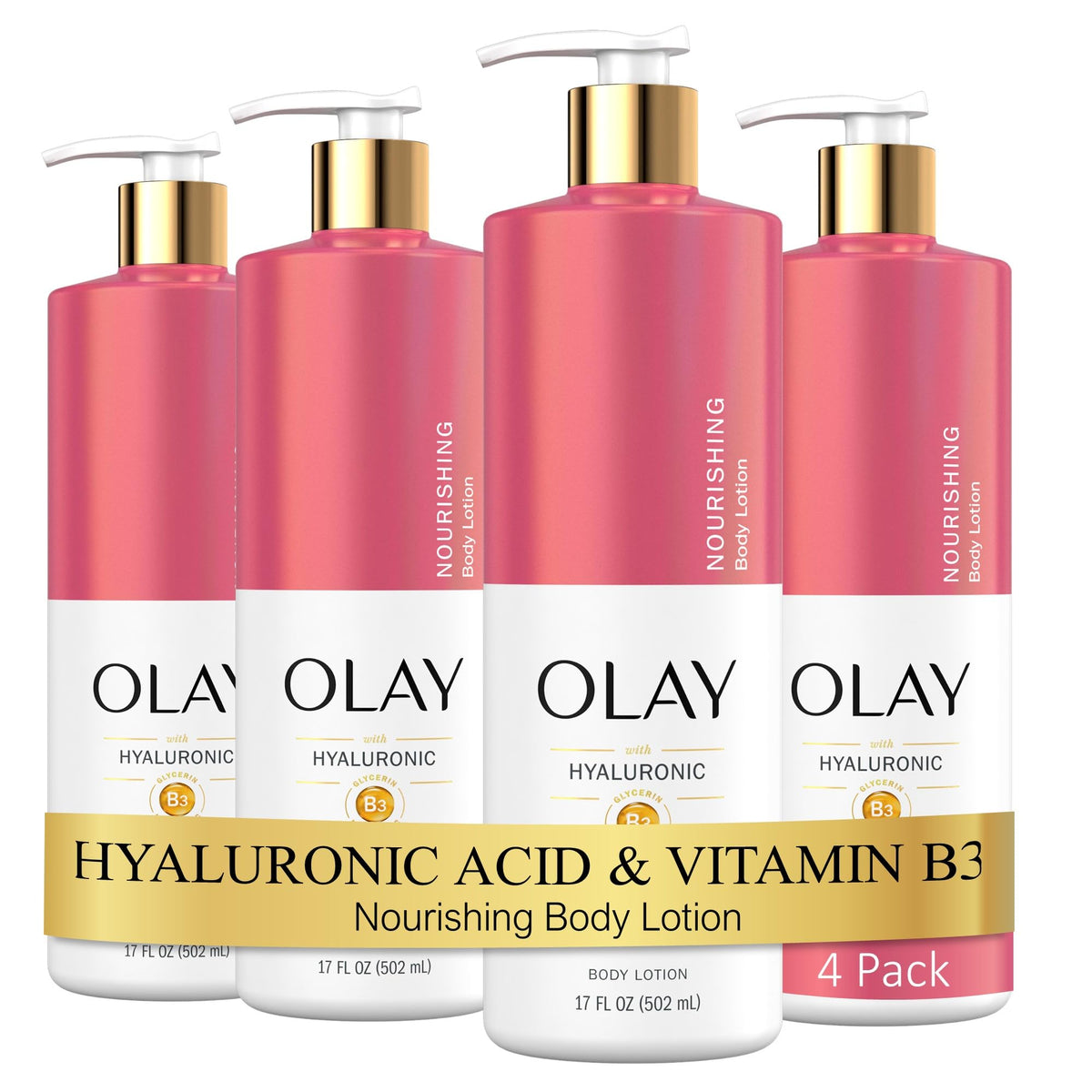 Olay front packaging 17 oz bottle showing elegant label and practical pump