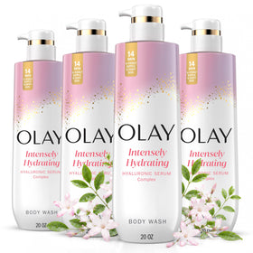 Olay front packaging showing 20 fl oz bottle and pack of four for value