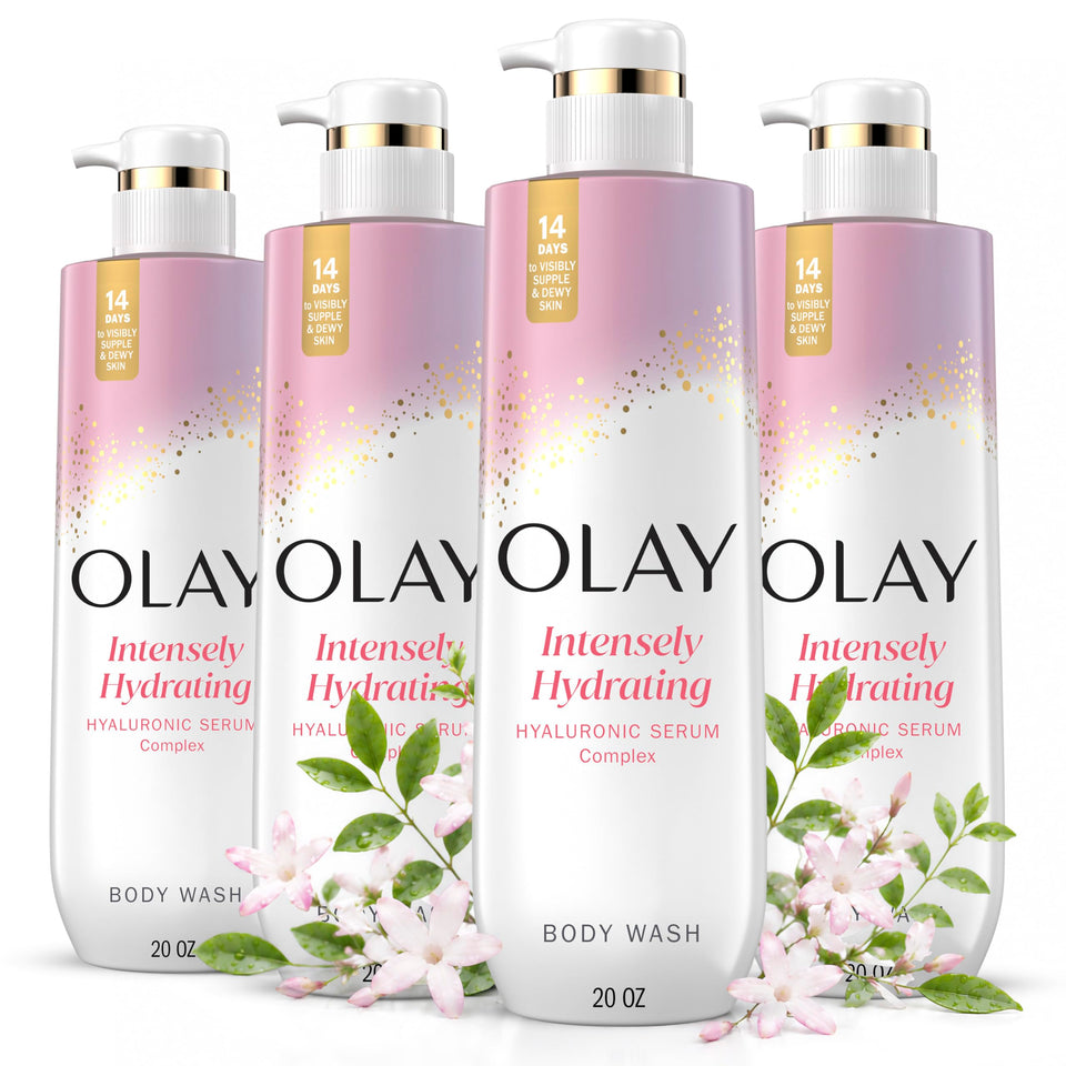 Olay front packaging showing 20 fl oz bottle and pack of four for value