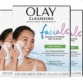Olay front packaging showing 99ct wipes and travel convenience