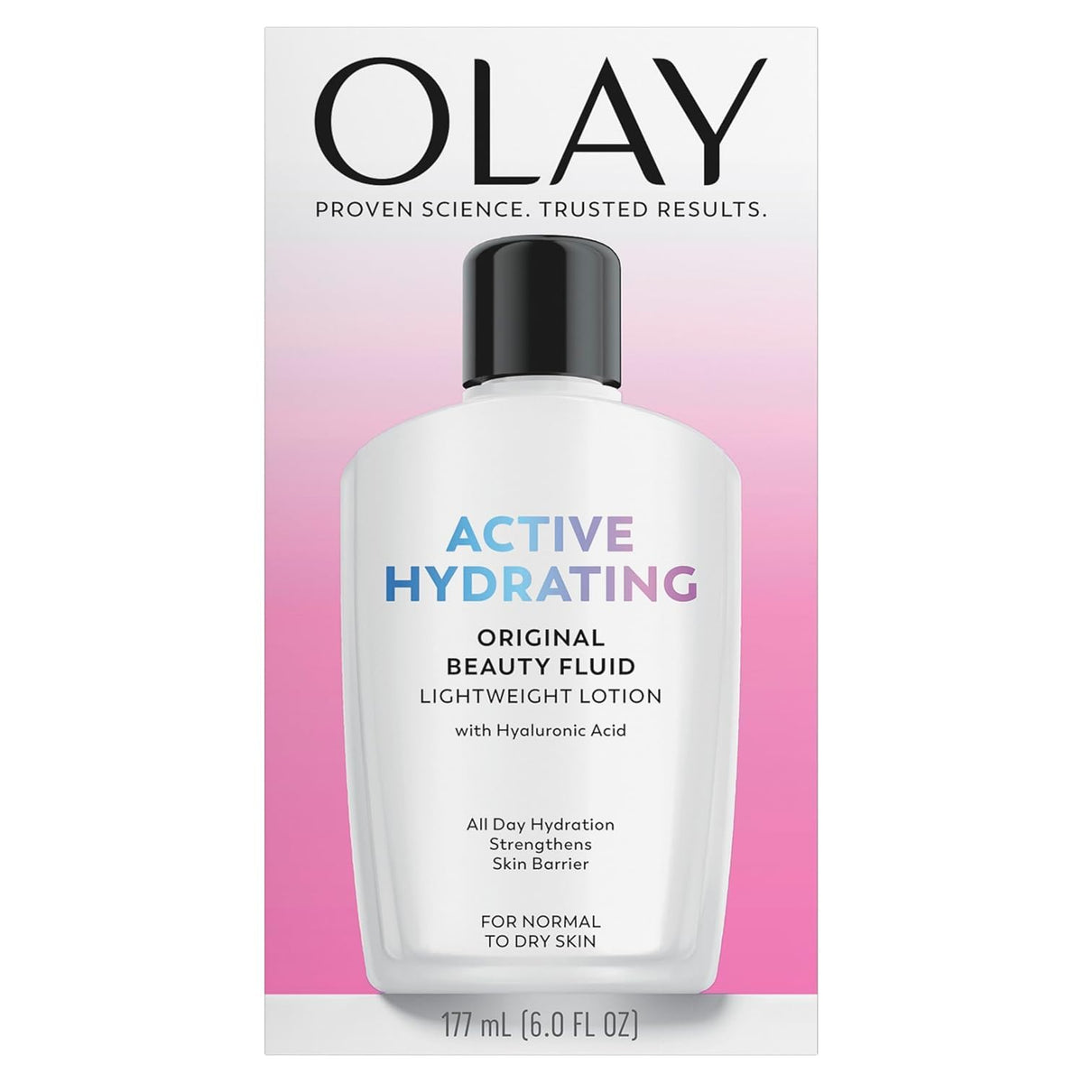 Olay front packaging showing two bottles and hydration benefit