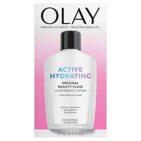 Olay front packaging showing two bottles and hydration benefit