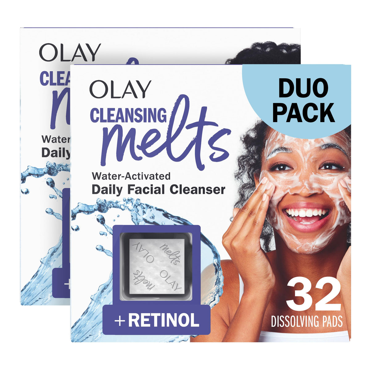 Olay front packaging showing cleansing melts and travel-ready convenience