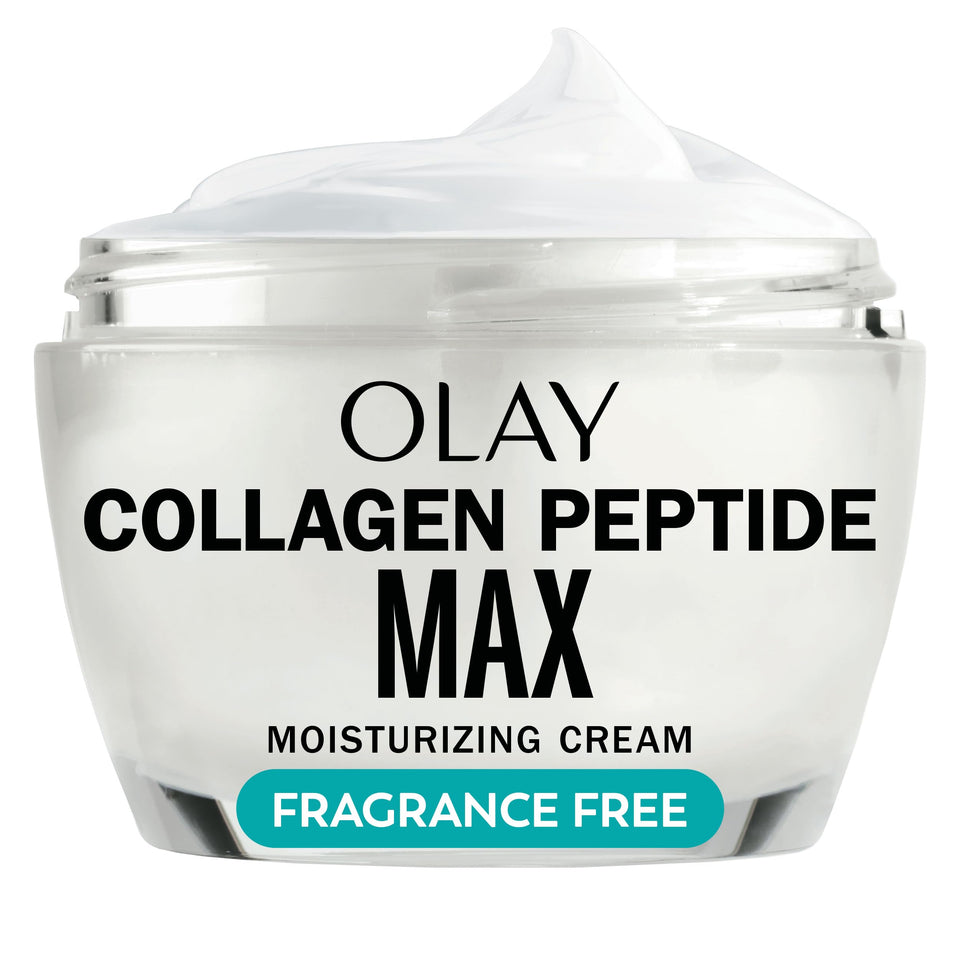 Olay front packaging showing collagen peptide MAX and benefits