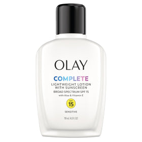 Olay front packaging showing SPF 15 and sensitive formula benefits