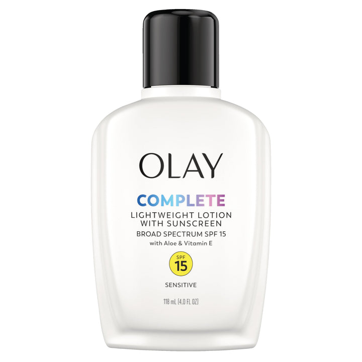 Olay front packaging showing SPF 15 and sensitive formula benefits
