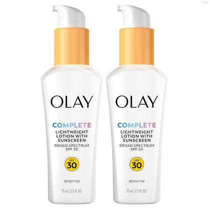 Olay front packaging showing SPF 30 and two-pack benefit for daily protection