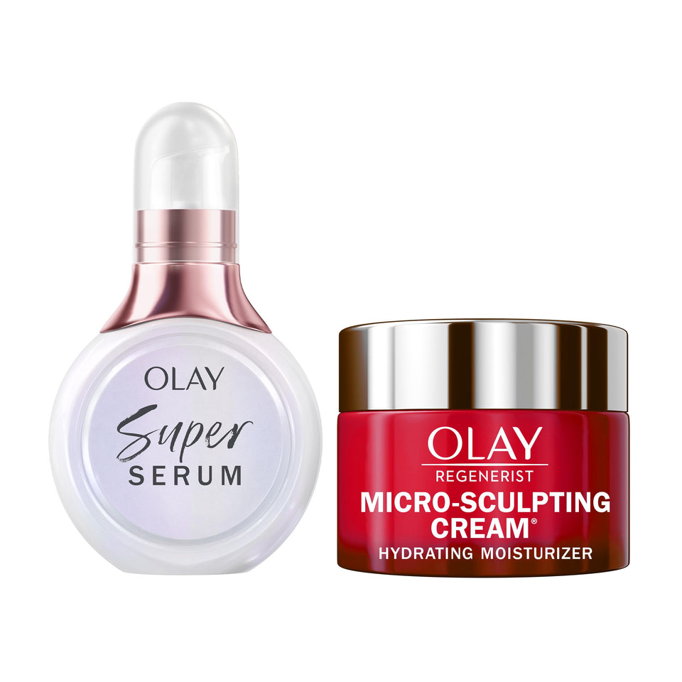 Olay front packaging duo showing travel-size bottles and kit benefit hydration