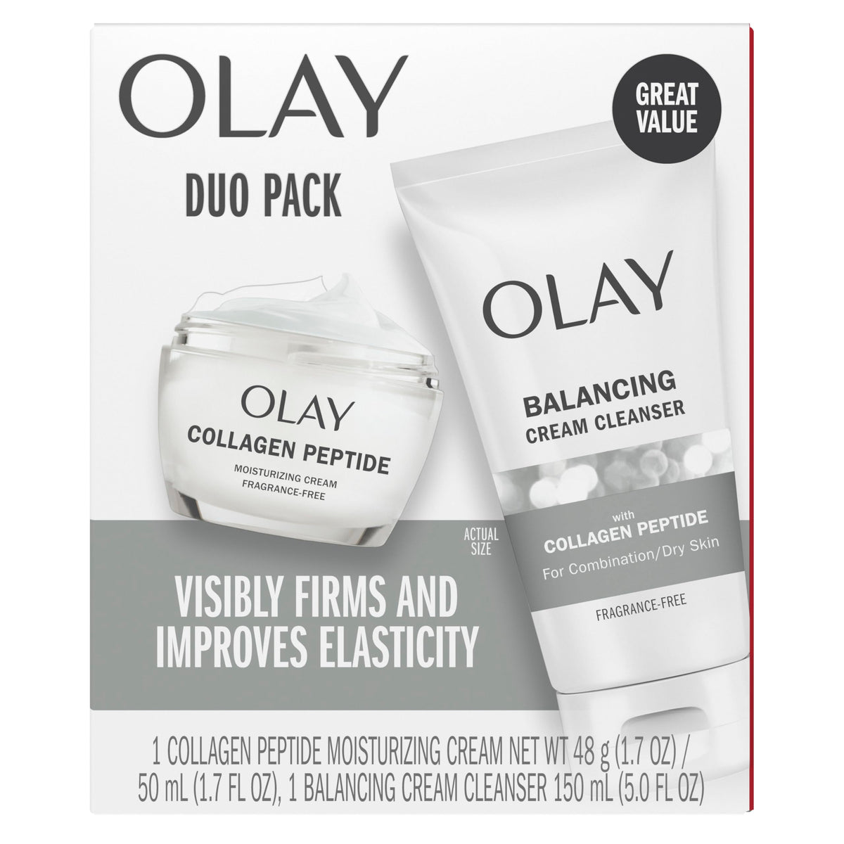 Olay front packaging duo showing both products and easy routine benefit