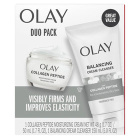 Olay front packaging duo showing both products and easy routine benefit