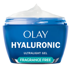Olay front packaging showing jar and benefits for visible hydration