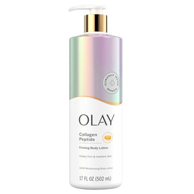 Olay front packaging pump bottle showing clean design and easy dispensing benefit