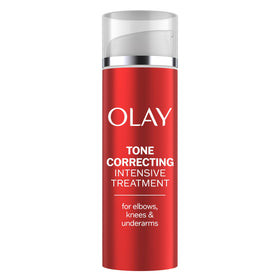 Olay front packaging shows product name and targeted areas for even tone benefits