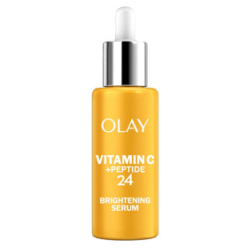 Olay front packaging showing bottle and branding, highlights brightening benefits