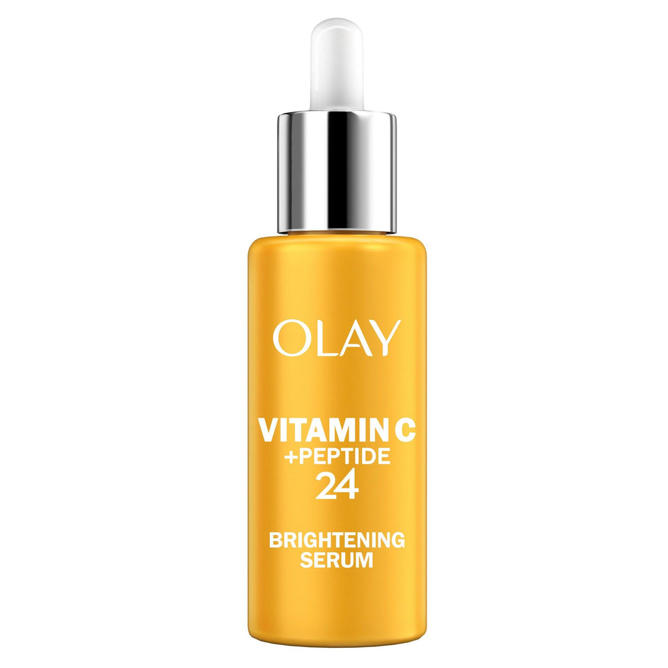 Olay front packaging showing bottle and branding, highlights brightening benefits