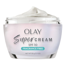 Olay front tub of Super Cream SPF 30 showing compact travel-friendly packaging and benefits