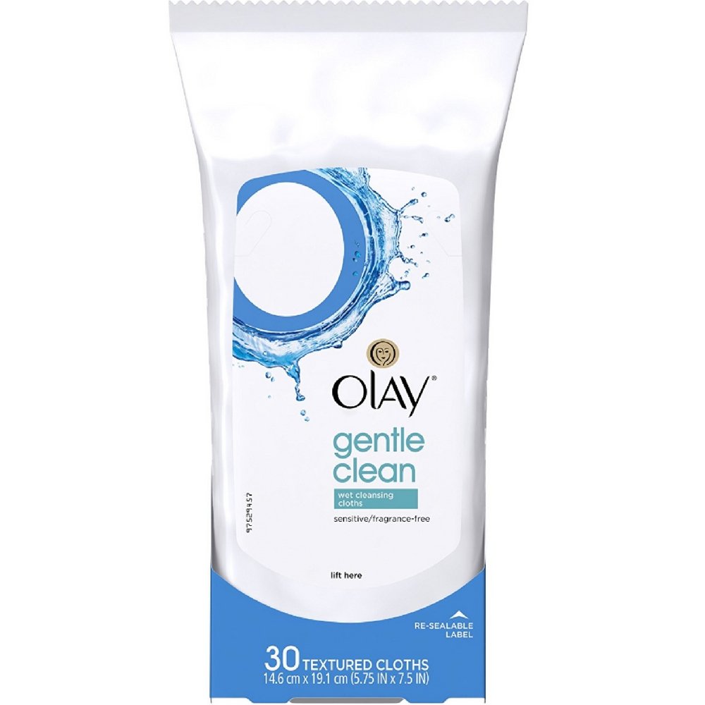 Olay front packaging showing gentle clean wipes tub and easy-open lid benefiting quick use