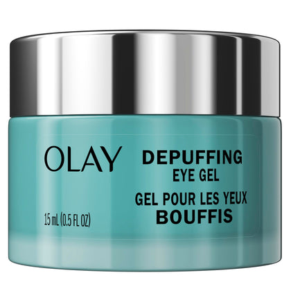 Olay front packaging of Hyaluronic + Peptide 24 gel eye cream showing tube benefits