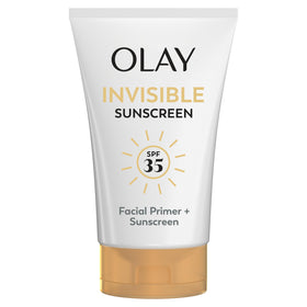 Olay front tube of Invisible Sunscreen SPF 35 showing packaging and size benefit