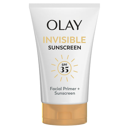 Olay front tube of Invisible Sunscreen SPF 35 showing packaging and size benefit